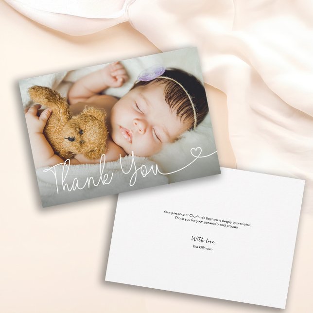 Cartão De Agradecimento Foto de Batismo Religioso Moderno e Religioso (Customizable baby photo thank you heart script baptism card.)