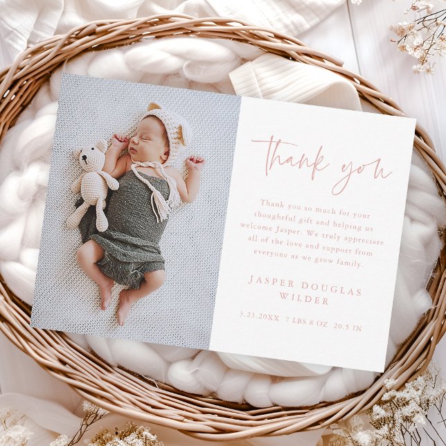 Cartão De Agradecimento Foto de Bebê com Letra Simples (Simple modern script dusty pink baby photo thank you cards.)