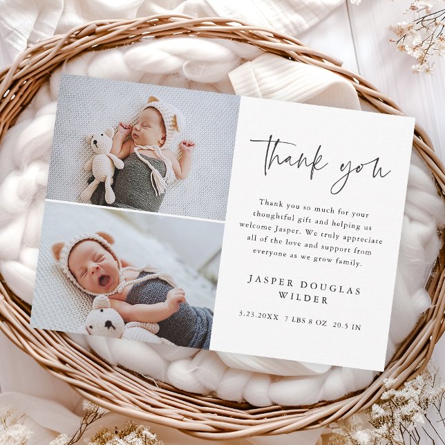 Cartão De Agradecimento Foto de Bebê com Letra Simples (Simple modern script 2 photo baby thank you cards.)