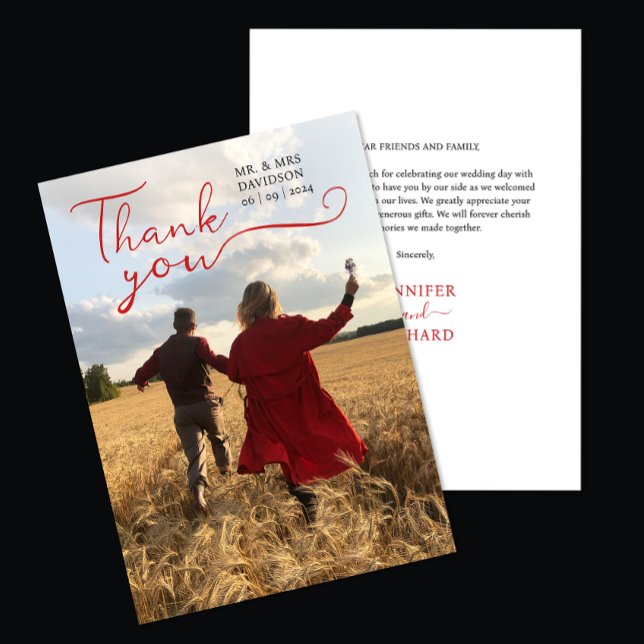 Cartão De Agradecimento Foto de caligrafia do Script Vermelho Chic na moda (Criador carregado)