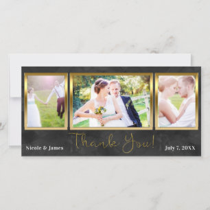 Cartão De Agradecimento Foto de casamento 3 Preto Dourado Obrigado