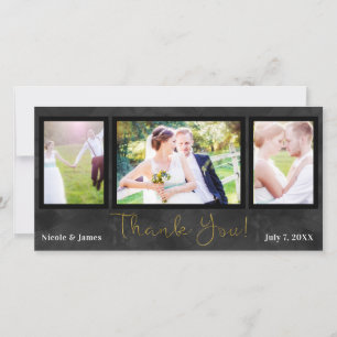 Cartão De Agradecimento Foto de casamento 3 Preto Dourado Obrigado