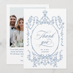 Cartão De Agradecimento Foto de Casamento Azul Dusty, Ornamentado Victoria