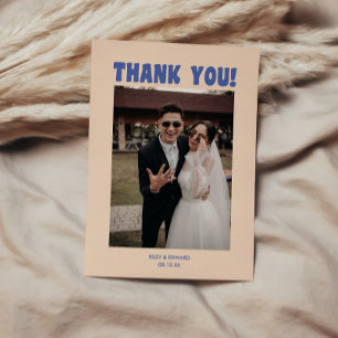 Cartão De Agradecimento Foto de casamento azul e bege retrô moderno
