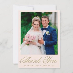 Cartão De Agradecimento Foto de Casamento Blush Elegante Dourado Script