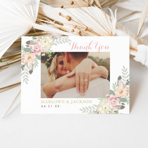 Cartão De Agradecimento Foto de casamento boho floral rosa e dourado