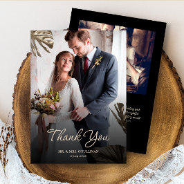 Cartão De Agradecimento Foto de Casamento Botânico Dourado Preto-Elegante