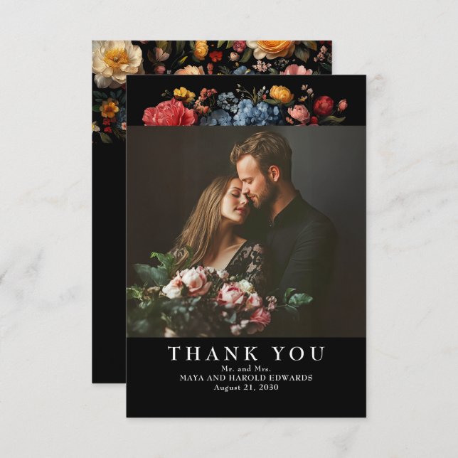Cartão De Agradecimento Foto de Casamento Botânico Preto Floral Obrigado (Frente/Verso)