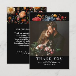 Cartão De Agradecimento Foto de Casamento Botânico Preto Floral Obrigado