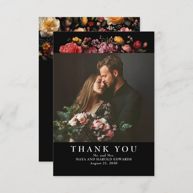 Cartão De Agradecimento Foto de Casamento Botânico Preto Floral Obrigado (Frente/Verso)