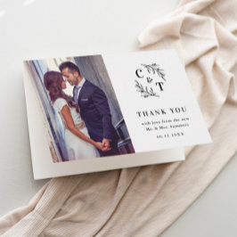 Cartão De Agradecimento Foto de Casamento Branco e Preto do Monograma Eleg