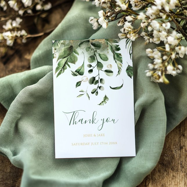 Cartão De Agradecimento Foto de casamento, casamento no jardim com folhas  (Wedding photo, green leaves wedding thank you card.)