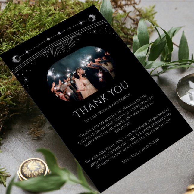 Cartão De Agradecimento Foto de casamento celestial preta e prateada (Criador carregado)