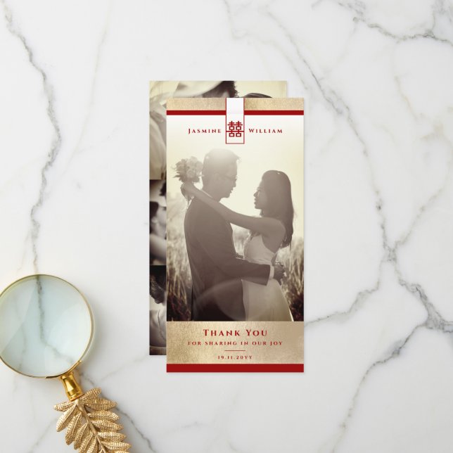 Cartão De Agradecimento Foto De Casamento Chinês De Felicidade Dupla Simpl (Frente/Verso In Situ)