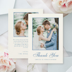Cartão De Agradecimento Foto de casamento clássica azul e creme