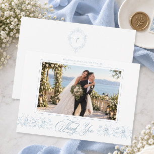 Cartão De Agradecimento Foto de casamento clássico vintage em azul poeiren