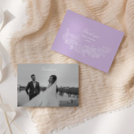 Cartão De Agradecimento Foto de Casamento com Brasão Romântico Roxo