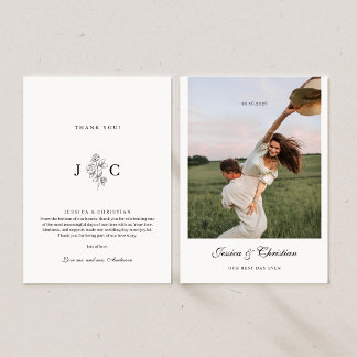 Cartão De Agradecimento Foto de casamento com caligrafia elegante de rosa