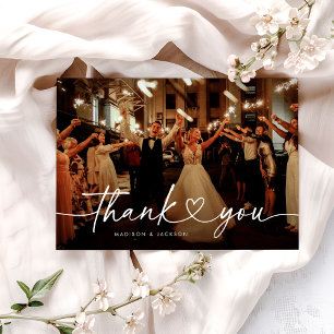 Cartão De Agradecimento Foto de casamento com coração de caligrafia modern