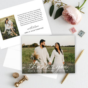 Cartão De Agradecimento Foto de casamento com coração em script