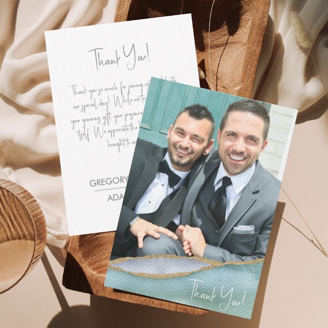 Cartão De Agradecimento Foto de Casamento com Ênfase Dourada em Água de Se (Criador carregado)