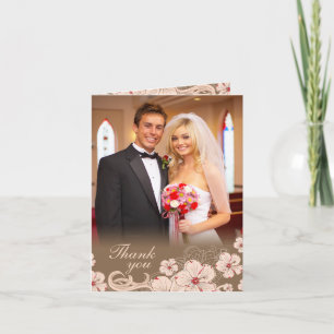 Cartão De Agradecimento Foto de casamento com flor de hibisco rosa marrom