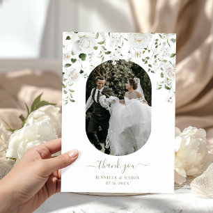 Cartão De Agradecimento Foto de casamento com flora moderna e folhagem