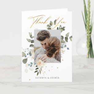 Cartão De Agradecimento Foto de casamento com folhagem botânica floral dou