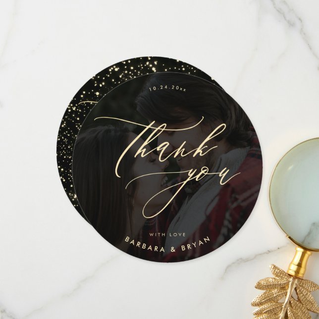 Cartão De Agradecimento Foto de Casamento com Glitter de Script Dourado Mi (Frente/Verso In Situ)