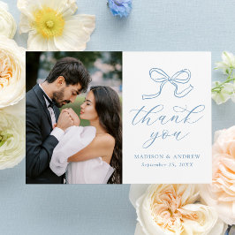 Cartão De Agradecimento Foto de Casamento com Laço Azul Elegante