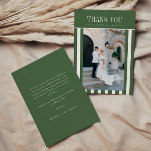 Cartão De Agradecimento Foto de casamento com listras em verde-oliva moder
