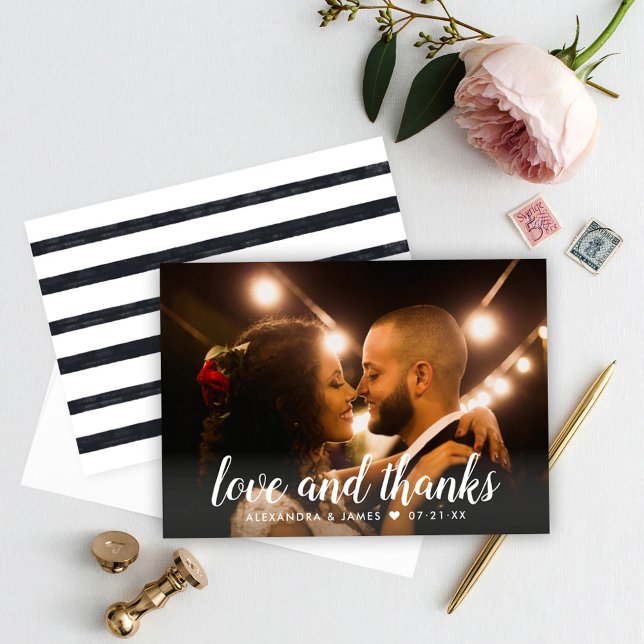Cartão De Agradecimento Foto de Casamento com Script Branco de Amor e Obri (Criador carregado)