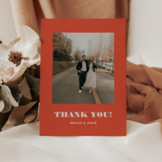 Cartão De Agradecimento Foto de casamento com tipografia retrô vermelha e
