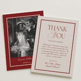Cartão De Agradecimento Foto de casamento creme e burgundy elegante