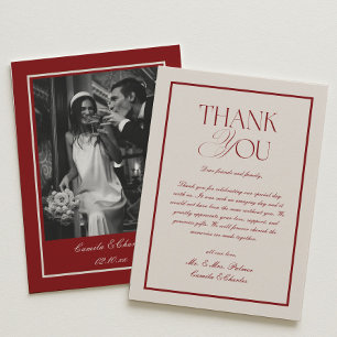 Cartão De Agradecimento Foto de casamento creme e burgundy elegante
