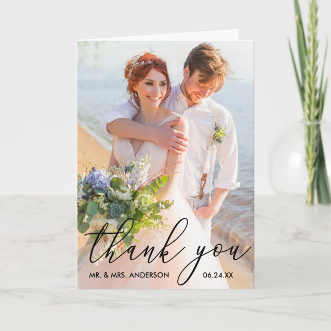 Cartão De Agradecimento Foto De Casamento Da Caligrafia Moderna Elegante (Frente)