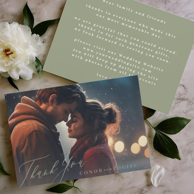 Cartão De Agradecimento Foto de casamento da caligrafia verde tradicional  (Criador carregado)