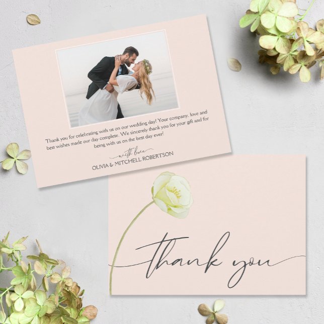 Cartão De Agradecimento Foto De Casamento Da Flor De Água Chic (Watercolor flower on front, your photo and message on the back of flat wedding thank you cards)