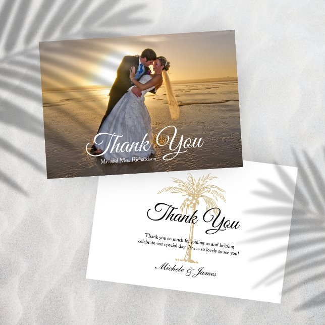 Cartão De Agradecimento Foto de Casamento de Árvore de Palma Dourada Elega (Elegant Tropical Gold Palm Tree Wedding Photo Thank You Card)
