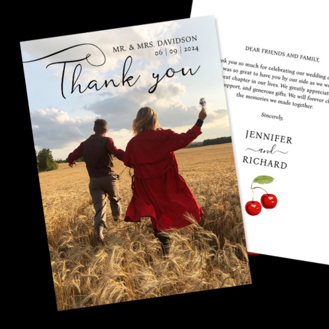 Cartão De Agradecimento Foto De Casamento De Cereja na moda e Caligrafia N (Criador carregado)