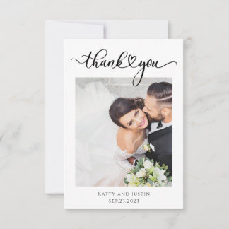Cartão De Agradecimento Foto de Casamento de Coração de Script Minimalista