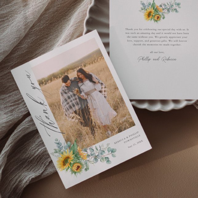 Cartão De Agradecimento Foto de Casamento de Eucalyptus, Girassol Moderno (Elegant rustic sunflower eucalyptus script wedding photo thank you cards.)