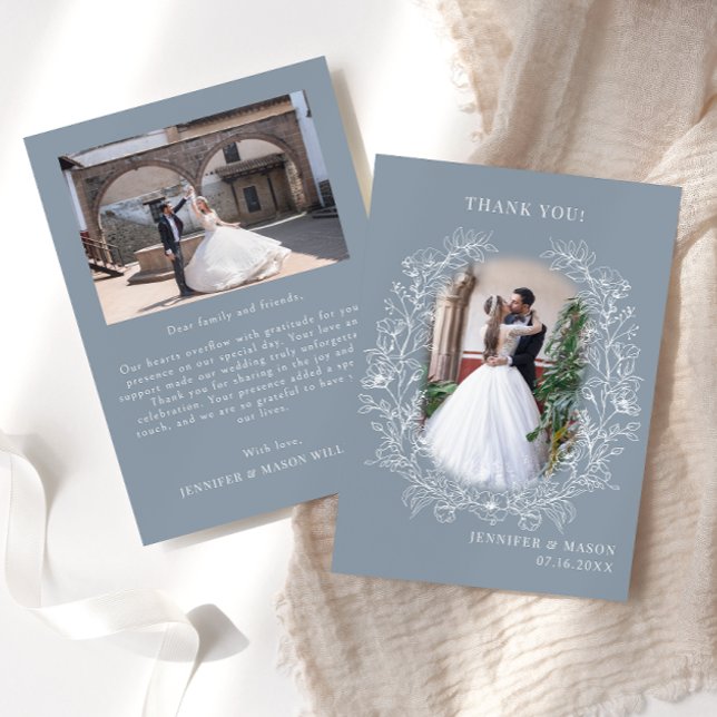 Cartão De Agradecimento Foto de Casamento de Ferida Floral Clássica Dusty  (Criador carregado)