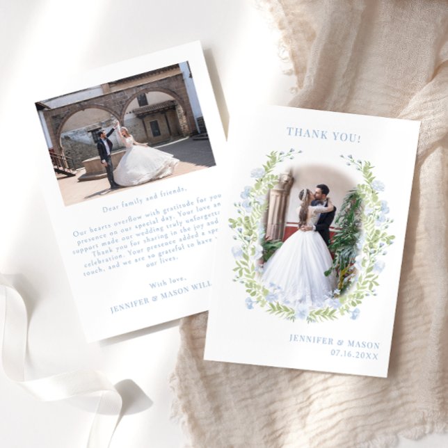 Cartão De Agradecimento Foto de Casamento de flor de aquarela azul clara (Criador carregado)