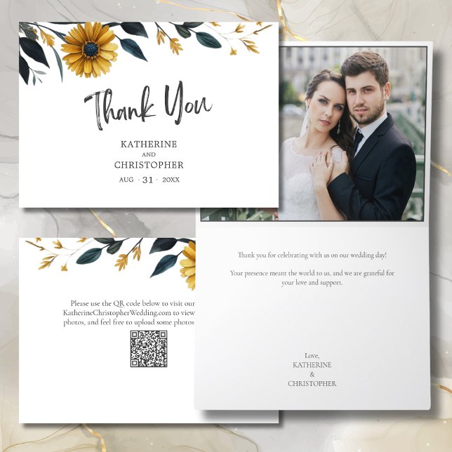 Cartão De Agradecimento Foto de Casamento de Flores Selvagens Amarelas Azu (Blue Yellow Watercolor Wildflowers Elegant Wedding Photo Thank You Card with QR Code for Photos.)