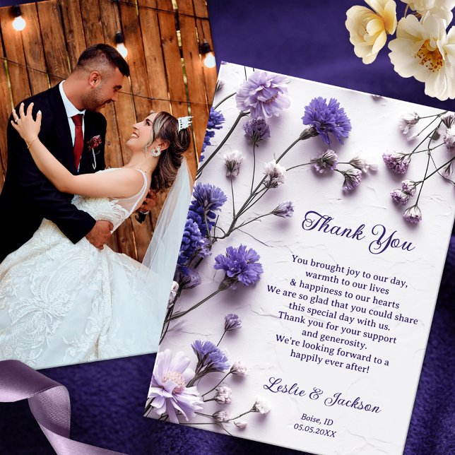 Cartão De Agradecimento Foto de Casamento de Flores Selvagens lavandas (Wedding Thank You card featuring your own wedding photo and elegant lavender and purple wildflowers)