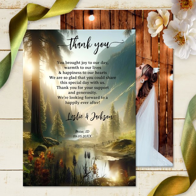Cartão De Agradecimento Foto de Casamento de Floresta Encantada (Wedding Thank You card featuring your own wedding photo and an enchanted forest in the mountains)