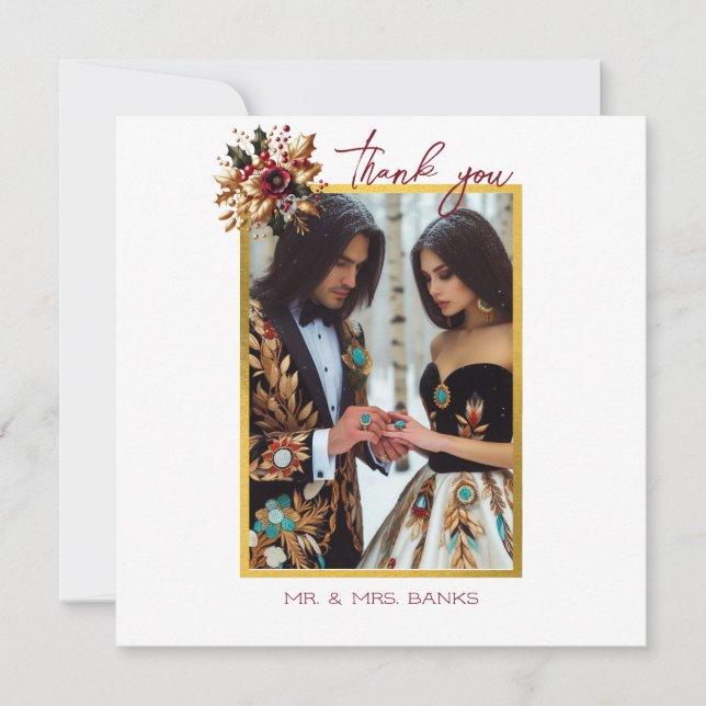 Cartão De Agradecimento Foto De Casamento De Folha De Ouro Elegante - Obri (Frente)