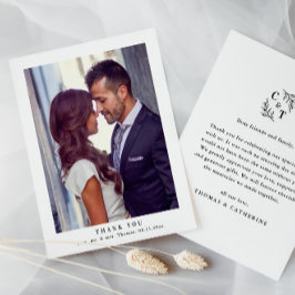 Cartão De Agradecimento Foto de casamento de folhas de verde com monograma