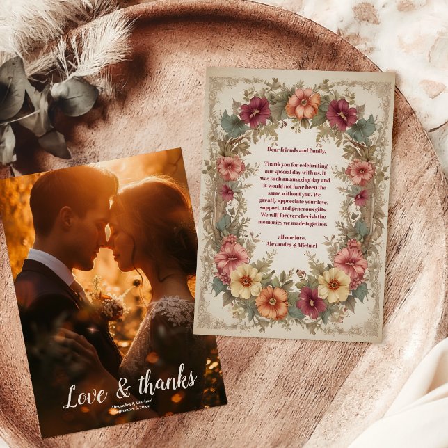 Cartão De Agradecimento Foto de Casamento de Frame Floral do Ornamentado V (Criador carregado)